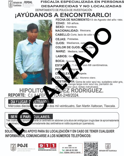 Ubica PGJE a masculino reportado como no localizado