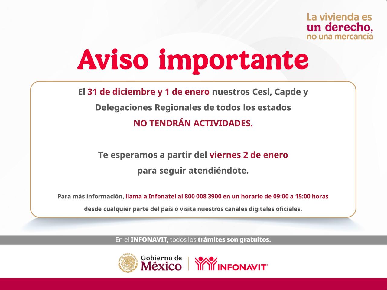 Infonavit Tlaxcala no tendrá actividades por fin de año