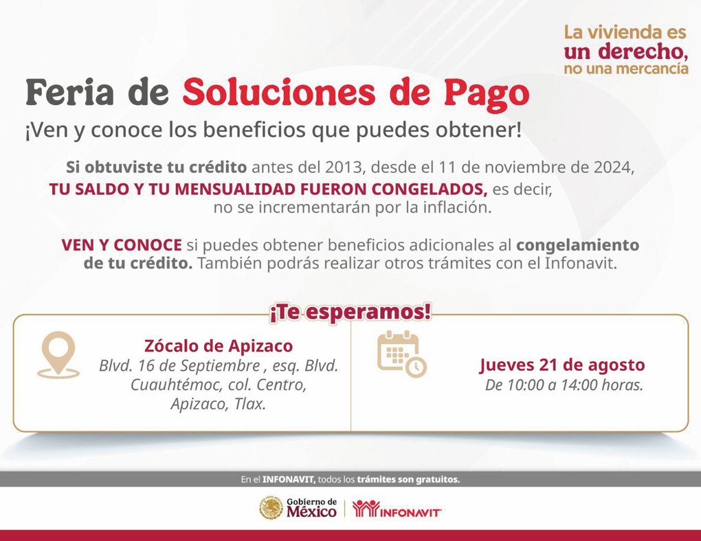 Infonavit realizará Feria de Atención en Apizaco