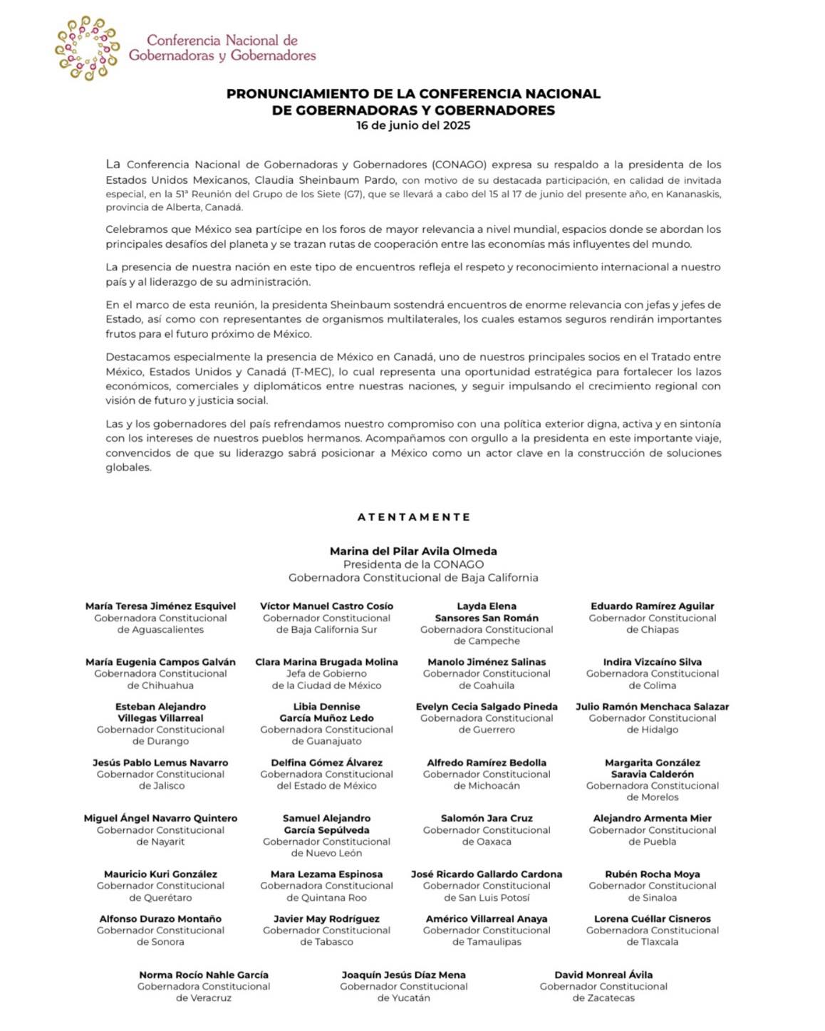 Reconoce Conago participación de la Presidenta Claudia Sheinbaum en la 51ª Reunión del G7 en Canadá