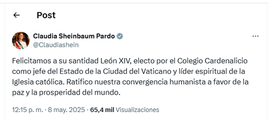 Sheinbaum felicita a Robert Prevost, elegido nuevo Papa; “ratifico nuestra convergencia humanista”
