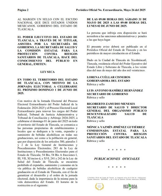 Emite Gobierno del Estado decreto de ley seca para la jornada electoral del próximo 01 de junio