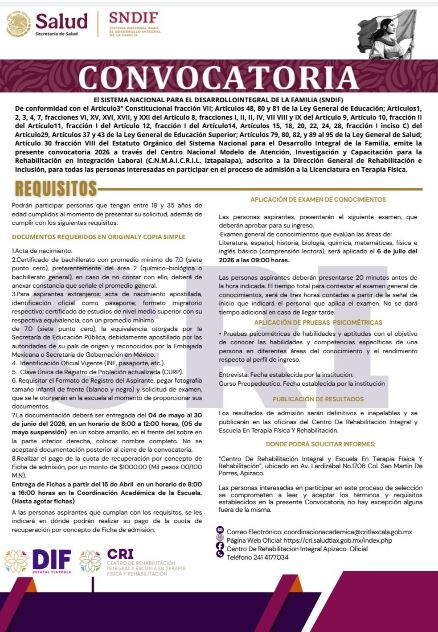 Inicia entrega de fichas para ingreso 2026 a la licenciatura en terapia física del CRI