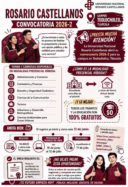 La Universidad Rosario Castellanos lanza convocatoria para siete licenciaturas en Teolocholco