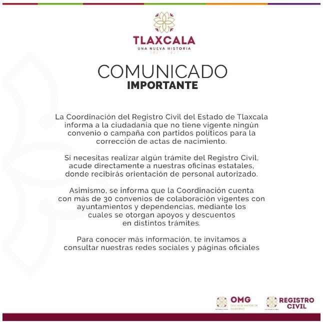 Coordinación del Registro Civil advierte sobre falsa campaña de corrección de actas de nacimiento