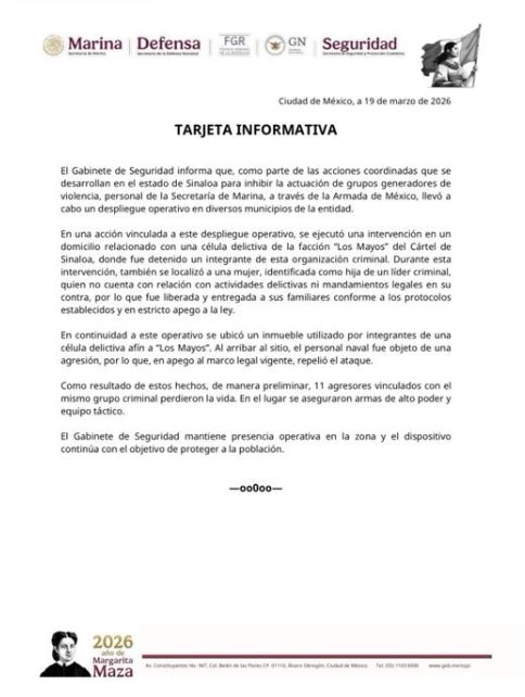 Abaten autoridades federales a 11 integrantes de un grupo criminal en Sinaloa 